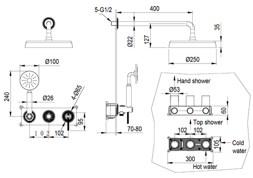 Смеситель встроенный + верхний+ ручной душ, ETERNA COPPER BRUSHED