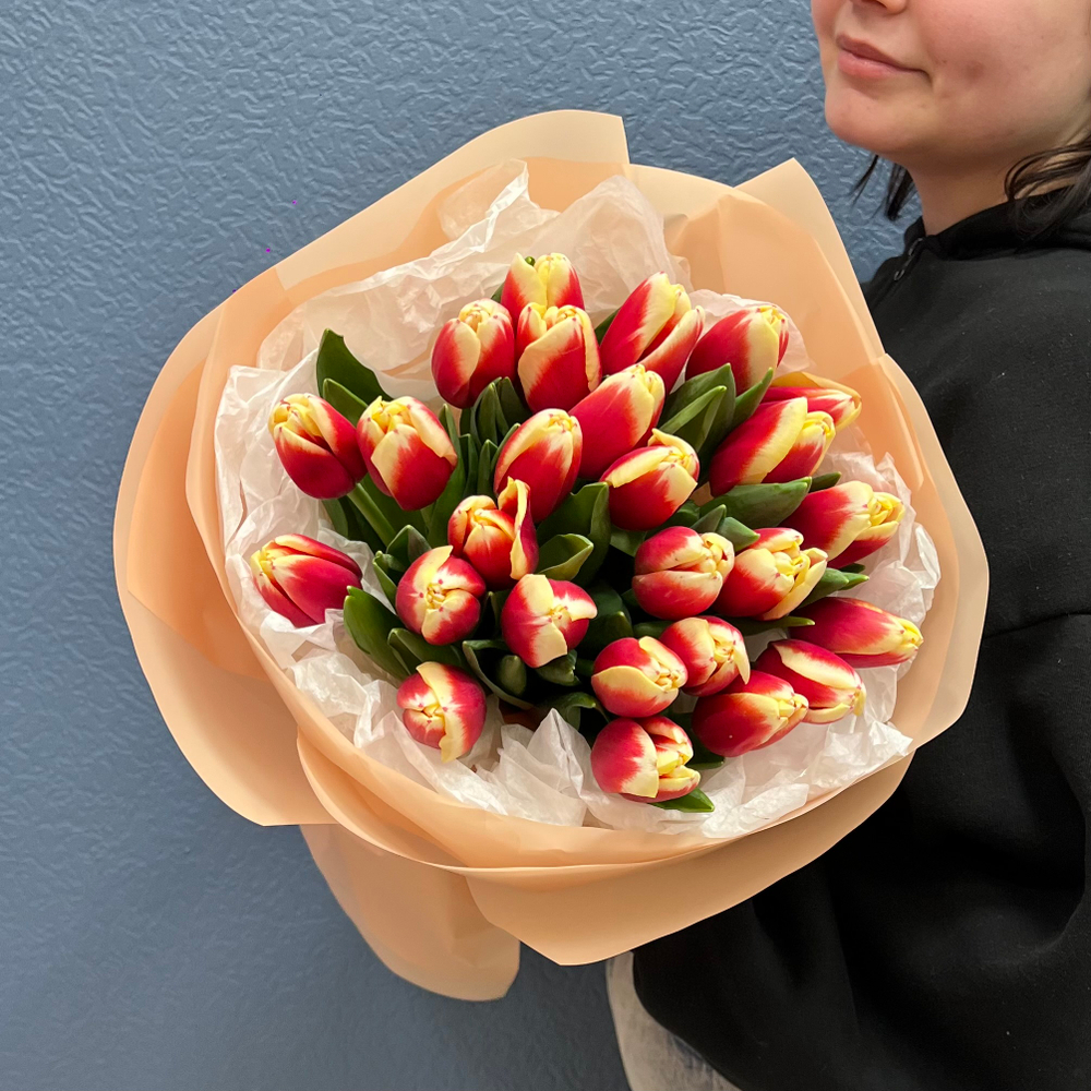 Букет свежих красно-белых тюльпанов