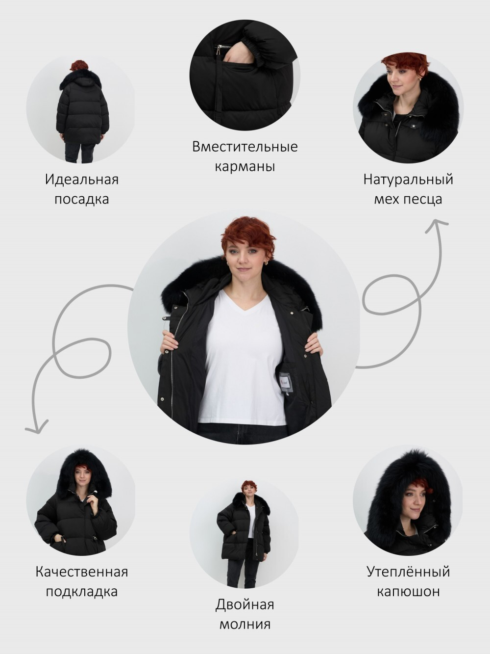 Куртка зимняя женская с мехом и капюшоном тренд черного цвета 7639Ch
