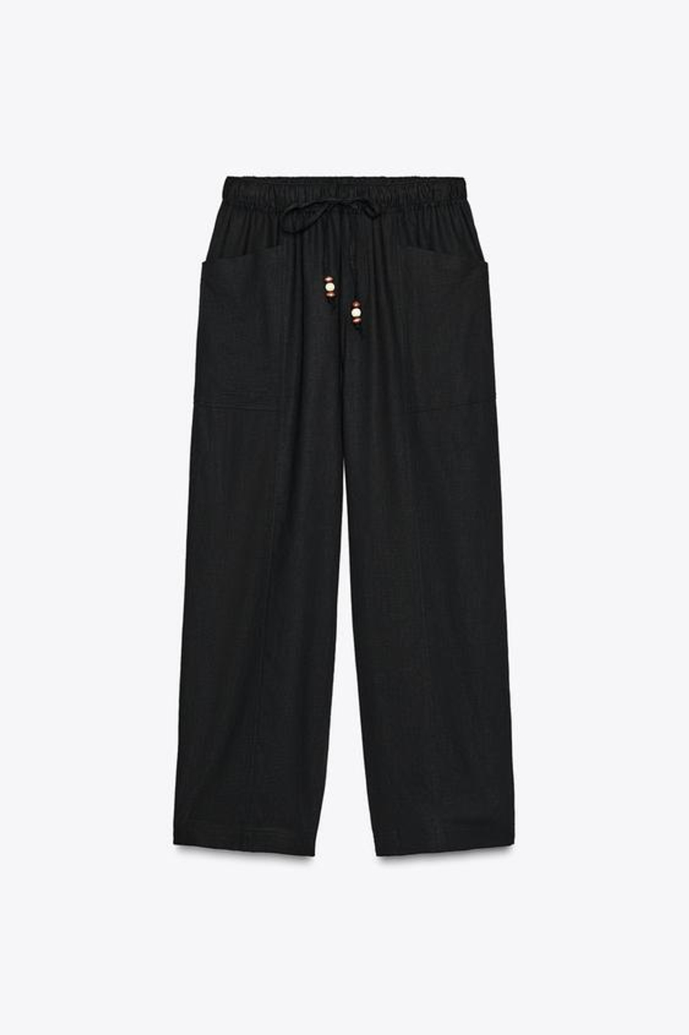 ZARA БРЮКИ ИЗ ЛЬНЯНОЙ ТКАНИ С БУСИНАМИ НА ШНУРКЕ, ЧЕРНЫЙ