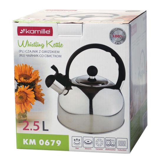 Чайник 2,5 л. из нержавеющей стали со свистком Kamille KM 0679 и черной бакелитовой ручкой
