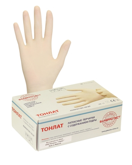 Перчатки "ТонЛат", только упак.50 пар (латекс, пудра, бесцв.,толщ.0,12мм,дл.245мм.) р.S,M,L