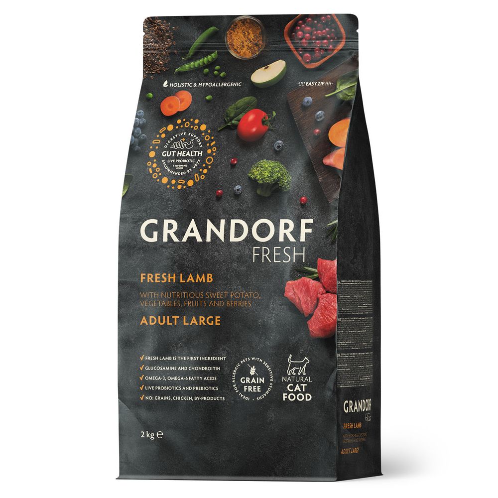 Беззерновой корм с живыми пробиотиками GRANDORF Fresh Cat LARGE Lamb&amp;Sweet Potato Свежее мясо ягненка с бататом для крупных кошек 2 кг