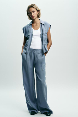 ZARA ШИРОКИЕ БРЮКИ ИЗ МЯГКОЙ ТКАНИ, СЕРО-СИНИЙ