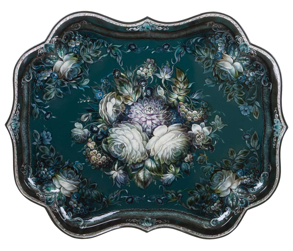 Unique forged zhostovo metal tray 62B
