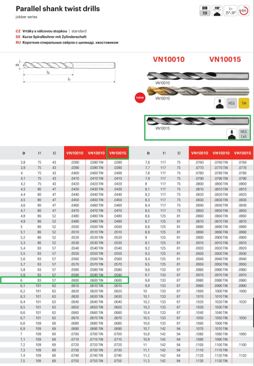 Сверло 6х93/57 DIN338  HSSCo5  VN10015.0600