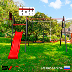 Уличные качели Sv Sport Maxi с горкой УК145.5КВ2 (4.0м/Щит баскет/Гнездо 115см/"Лодочка"/Подвесы на втулке 2к)