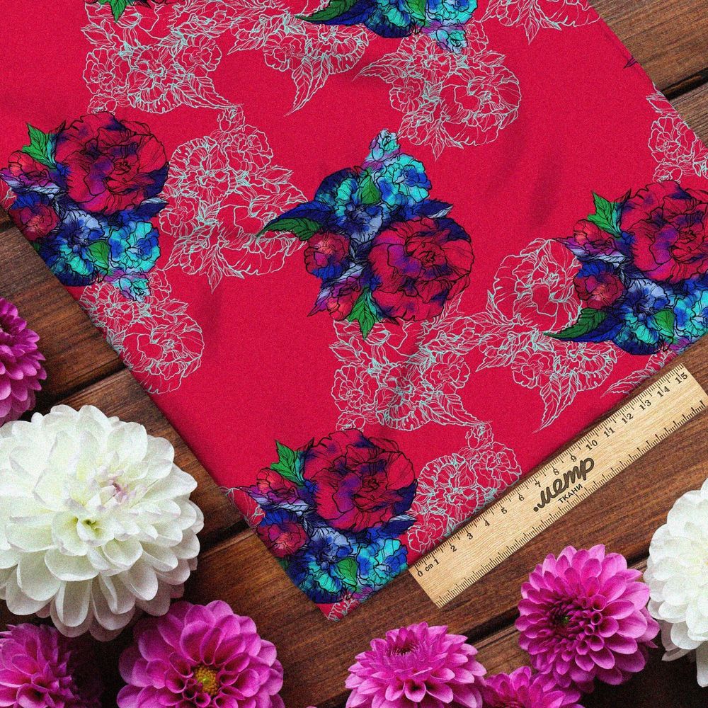 Ткань шелк Армани красно-синие цветы