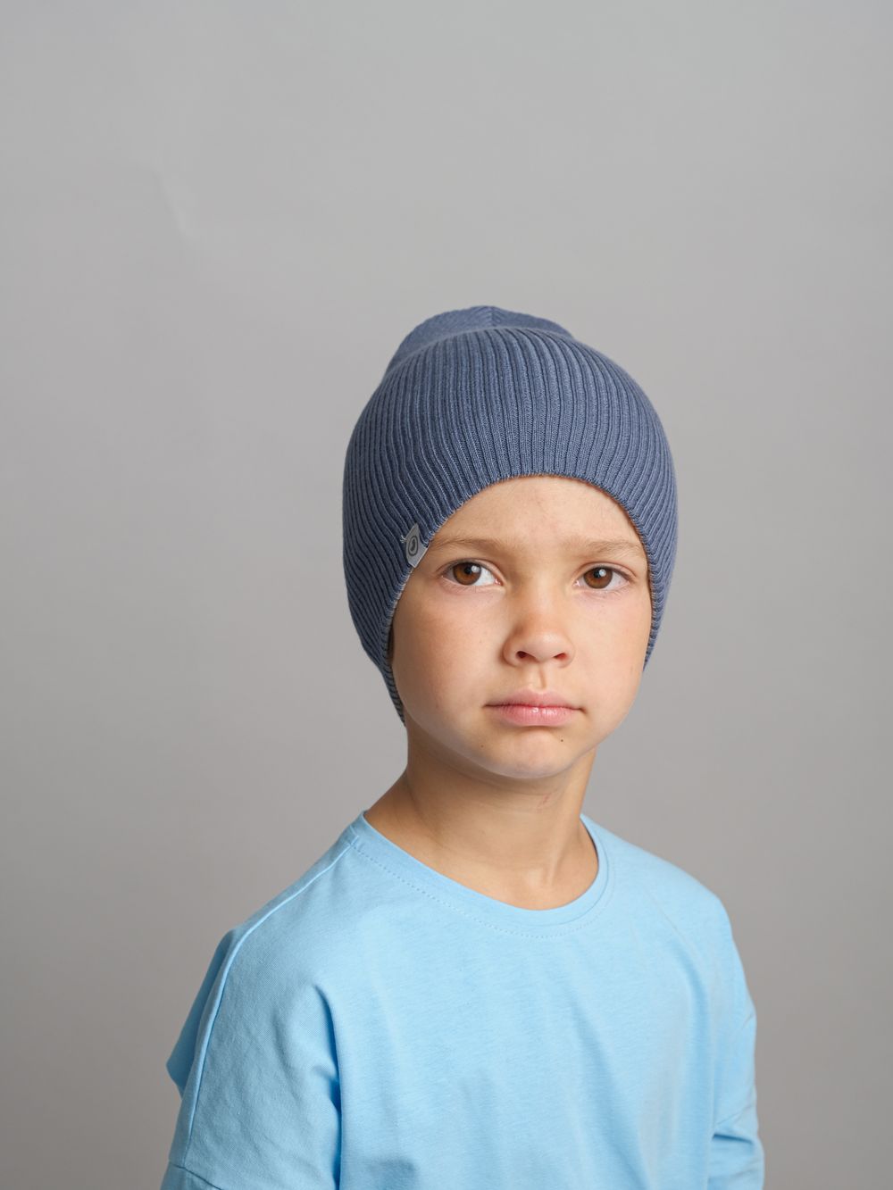 Шапка вязаная хлопковая ТВИНС(Синий пепел, пепельный)