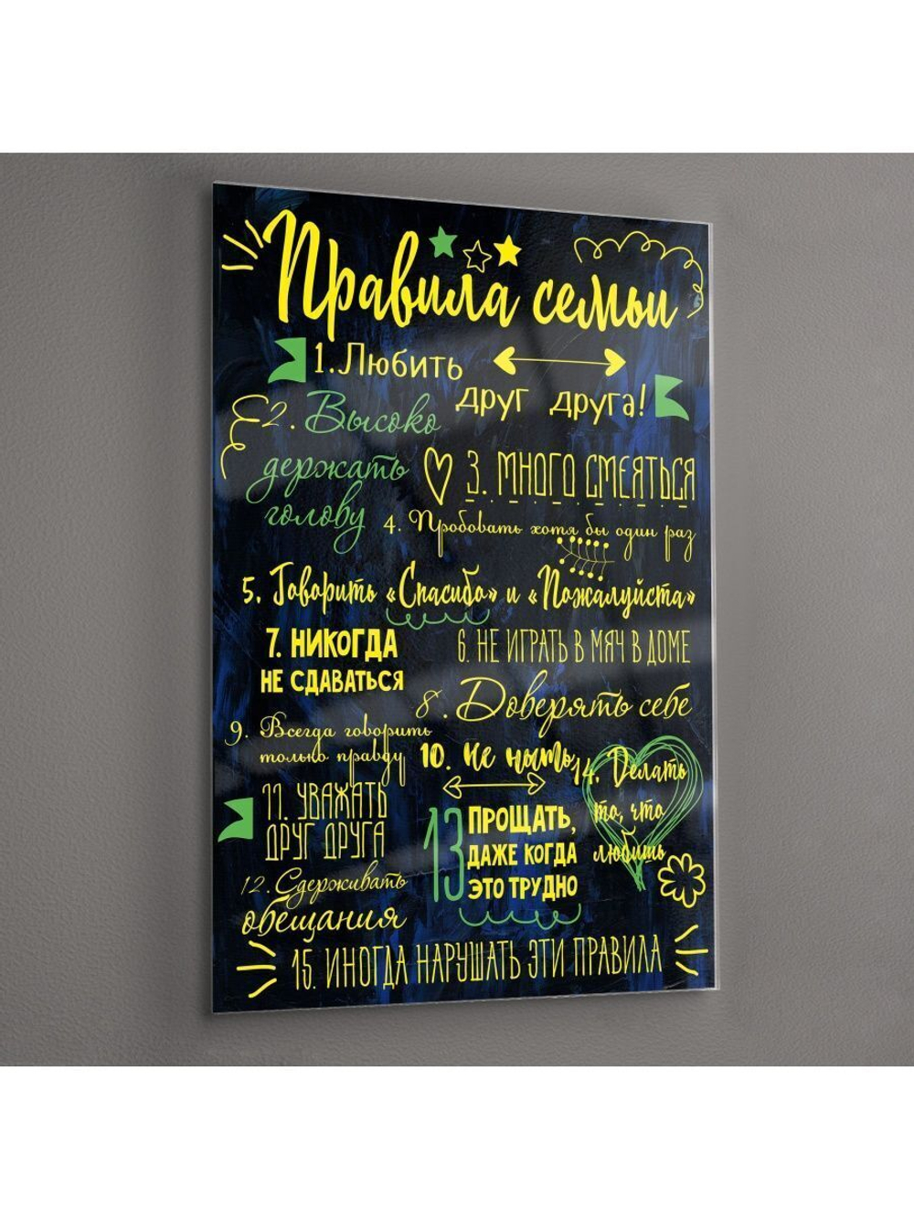 Картина на стекле для интерьера мотиватор Правила семьи 28х40 см/ Мотивирующий постер темный Декор для дома, подарок