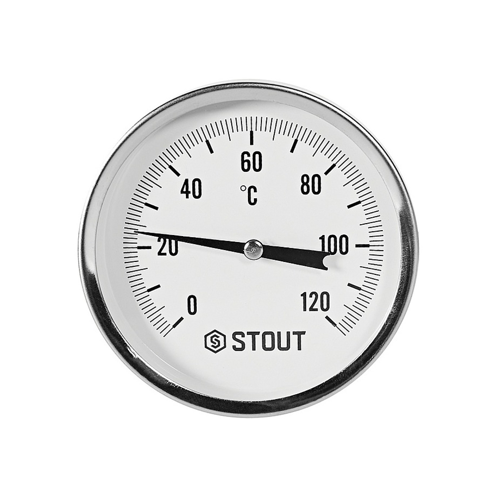Термометр биметаллический аксиальный STOUT - 1/2" (D80 мм, шкала 0-120°C, с гильзой 75 мм)