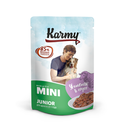 Влажный корм для щенков мелких и миниатюрных пород до 1 года Karmy Mini Junior Ягнёнок в соусе