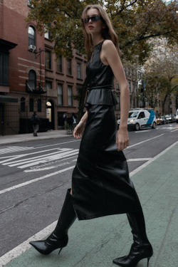 ZARA ЮБКА МИДИ ИЗ ИСКУССТВЕННОЙ КОЖИ, ЧЕРНЫЙ