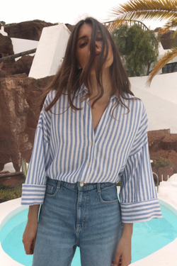 ZARA РУБАШКА ИЗ СМЕСОВОГО ЛЬНА С ШИРОКИМИ РУКАВАМИ, СИНИЙ/БЕЛЫЙ