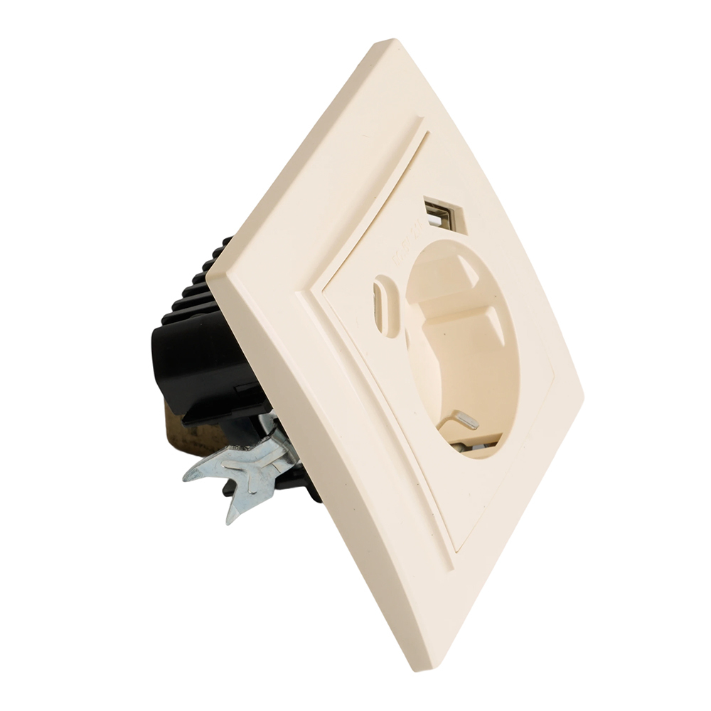 Розетка 1-местная с/з STEKKER, PST16-9016-02, 250В, 16А с USB+ type C, серия Эрна, слоновая кость 50077