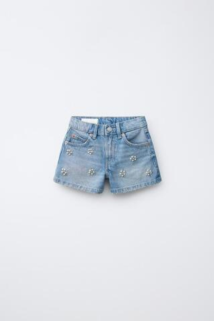 ZARA ДЖИНСОВЫЕ ШОРТЫ С ЖЕМЧУГОМ, СИНИЙ