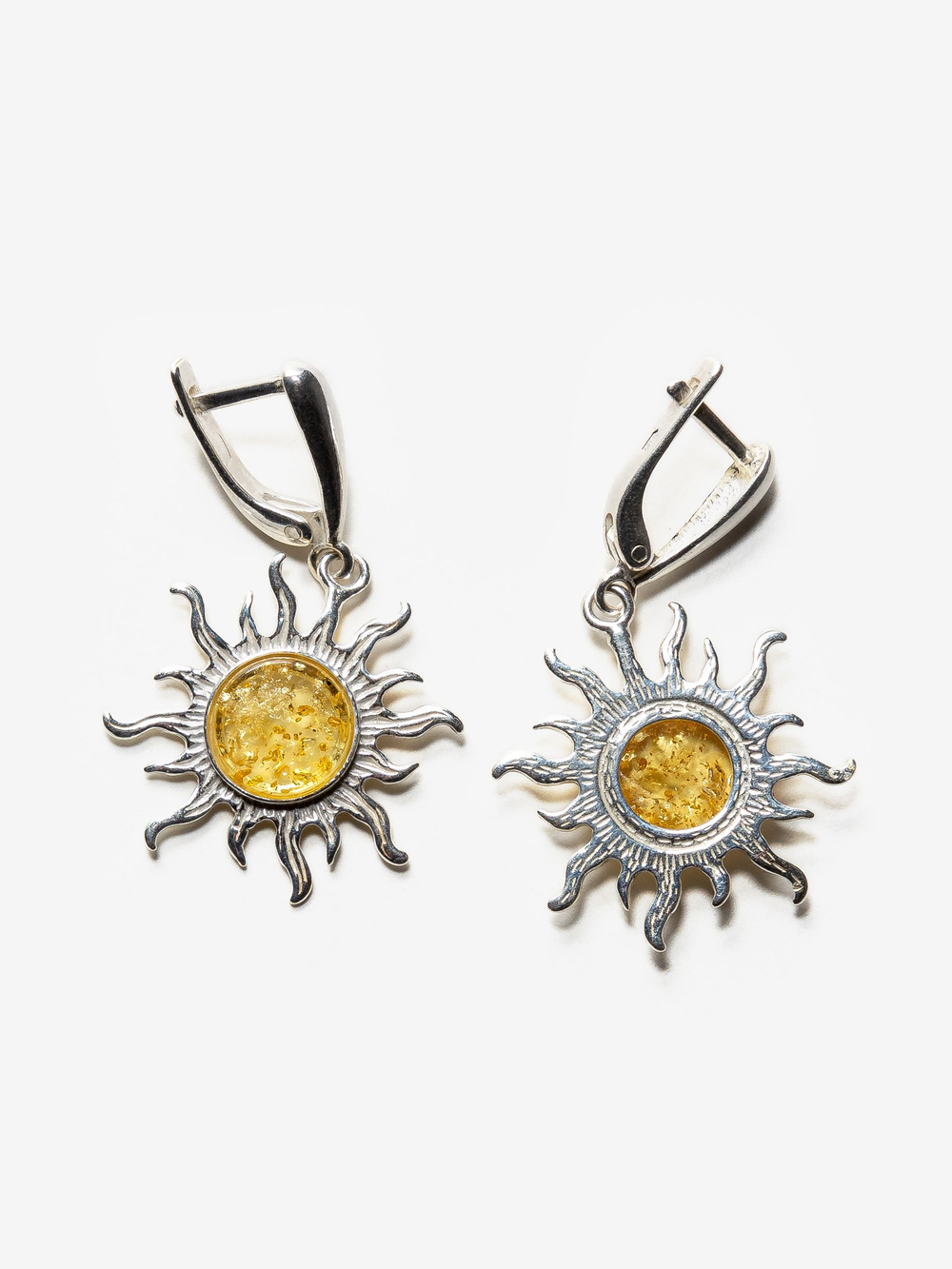 Серебряные серьги с цельным янтарем "Солнце", серебро 925 пробы