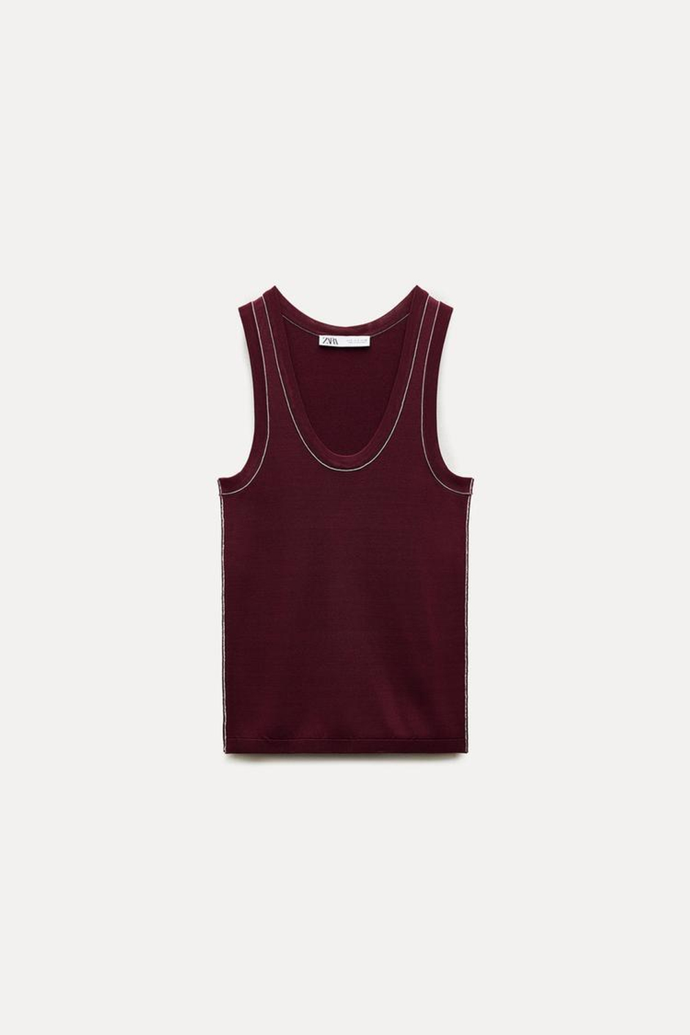ZARA ОДНОТОННЫЙ ТОП С КОНТРАСТНОЙ ОКАНТОВКОЙ, БОРДОВЫЙ