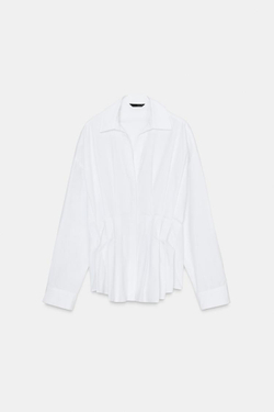 ZARA РУБАШКА ИЗ ПОПЛИНА СО СКЛАДКАМИ, БЕЛЫЙ