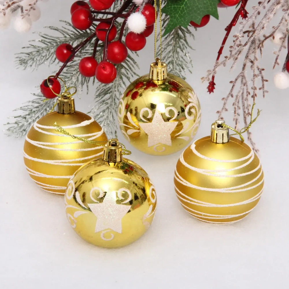 Новогодние шары 6 см (набор 4 шт) «Снежная дымка», Золото
