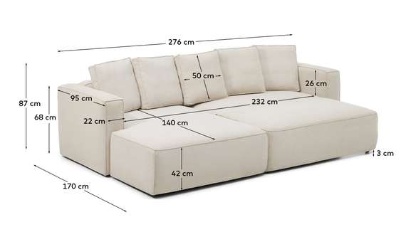3-местный диван-кровать Marela бежевый шенилл с кушеткой слева, 276 см