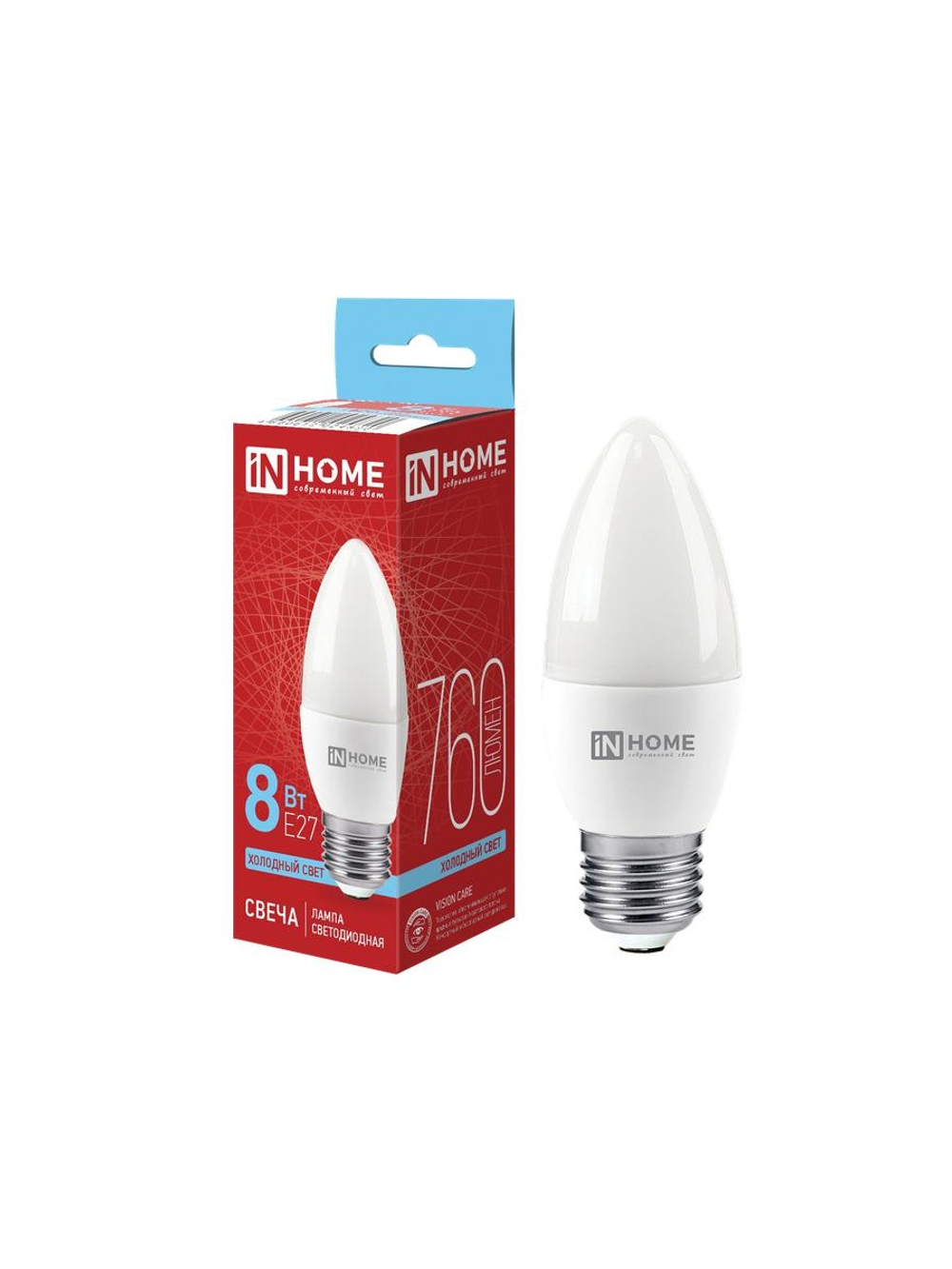 Лампа светодиодная LED-СВЕЧА-VC 8Вт свеча 6500К холод. бел. E27 760лм 230В IN HOME 4690612024820