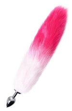 Серебристая анальная пробка с розово-белым хвостом (Цвет: розовый с белым)