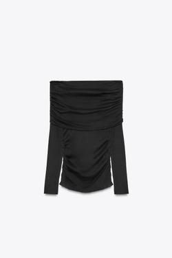 ZARA ФУТБОЛКА БЕЗ БРЕТЕЛЕЙ СО СБОРКАМИ, ЧЕРНЫЙ