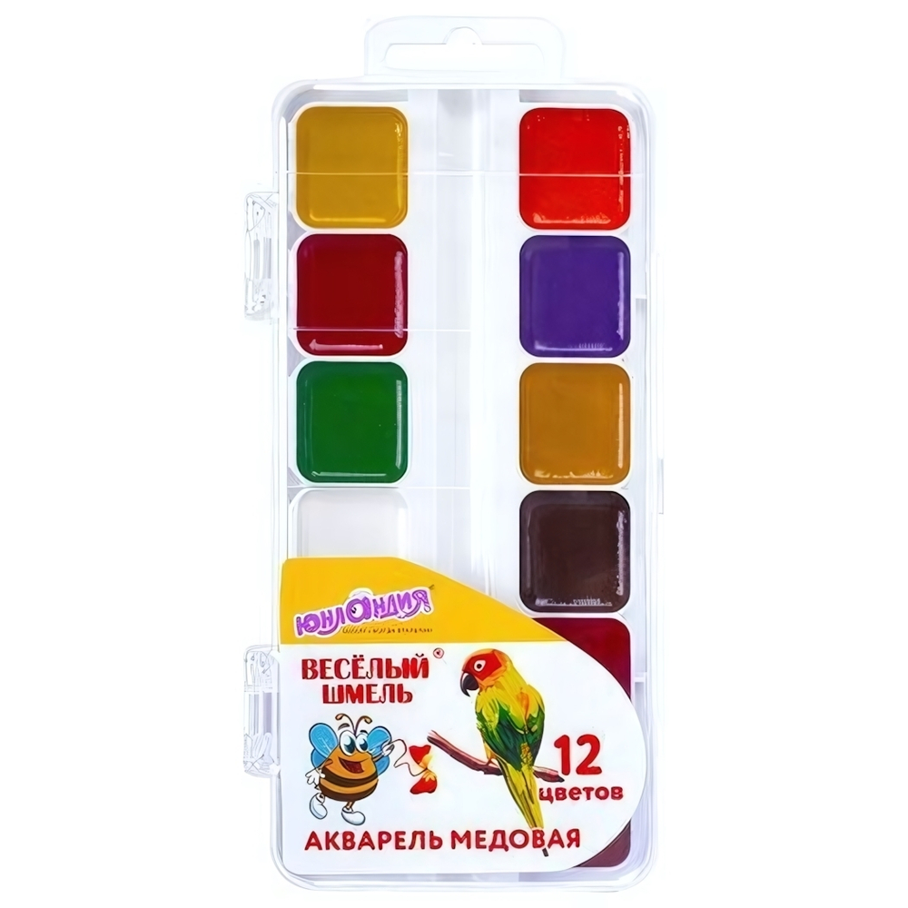 Краски акварельные 12цв. медовые "Весёлый шмель" квадратные кюветы, пластик, 192362 (ЮНЛАНДИЯ)
