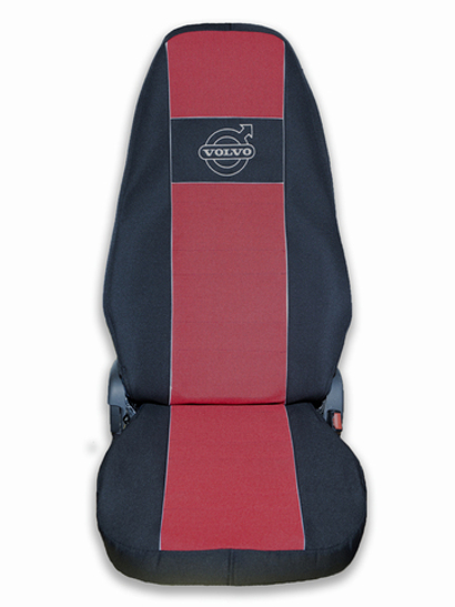 Чехлы VOLVO FH-12 до 2003 года: два высоких сиденья, ремни безопасности от стоек кабины (нет выреза под ремень) (полиэфир, черный, красная вставка)