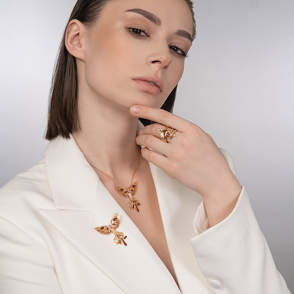 Кольцо «Феникс» из красного золота с гранатами, цитринами и эмалью