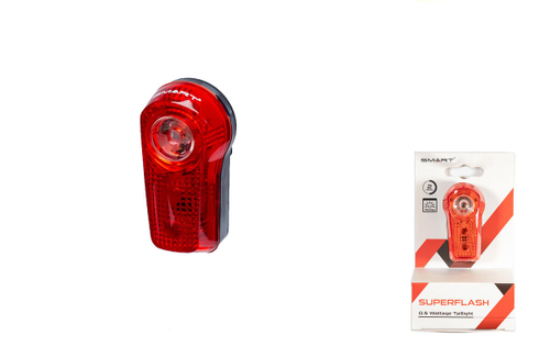 Фонарь SMART SUPERFLASH задний , 3 диода (1- 0,5 W с линзой), 2 режима, крепеж на подседельный штырь/верхнее перо, батарейки в комплекте