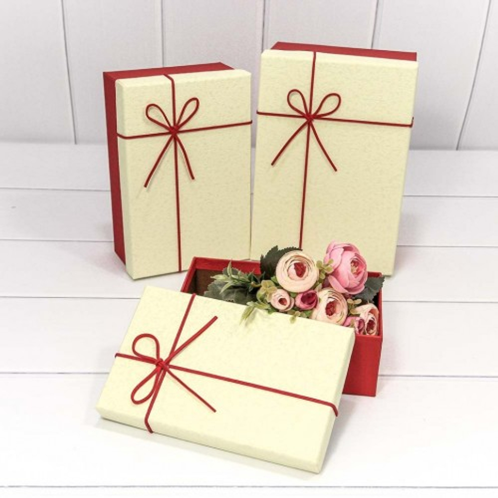 Коробка 23х16х9.5 см Набор 3 шт с кожаным бантом (Красный, Бежевый)