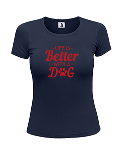 Футболка Life is better with a dog unisex темно-синяя с красным рисунком