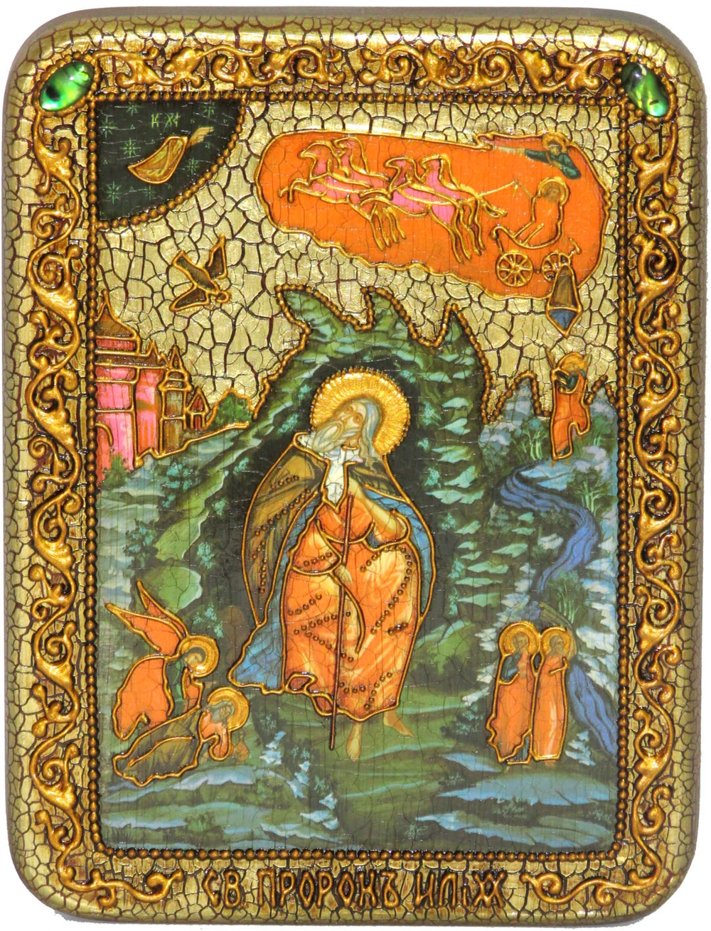 Инкрустированная рукописная икона Пророк Илия Фесвитянин 20х15см на натуральном дереве в подарочной коробке