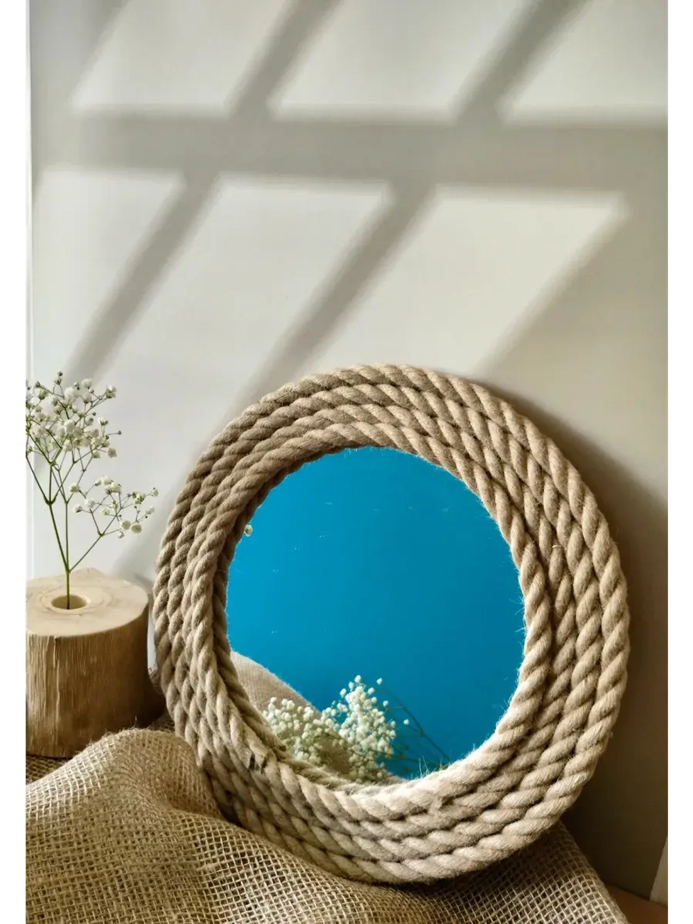 Зеркало настенное круглое с джутом интерьерное
