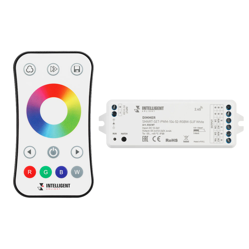 INTELLIGENT ARLIGHT Диммер SMART-SET-PWM-104-52-RGBW-SUF White (12-24V, 4x4A, ПДУ RING 10кн, 2.4G) (IARL, Контроллер) 036187