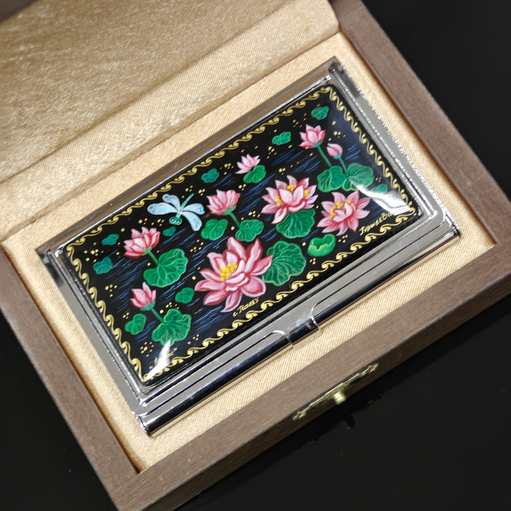 Коллекционная визитница "Лотосы" с ручной росписью Палех в футляре