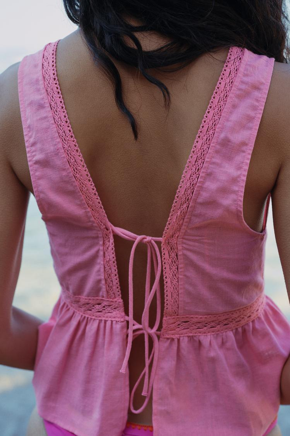 ZARA ТОП ИЗ СМЕСОВОГО ЛЬНА С КРУЖЕВОМ, МЯГКИЙ РОЗОВЫЙ