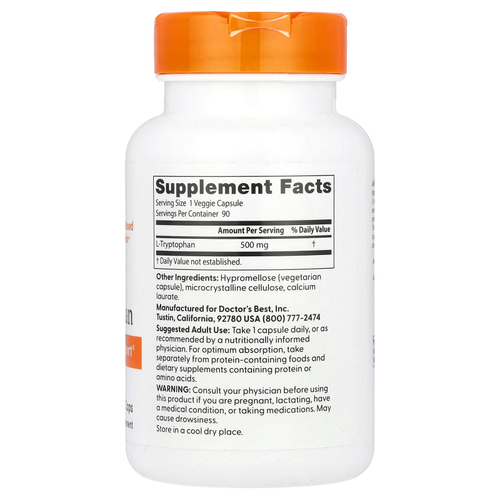 Doctor's Best, L-триптофан с TryptoPure, 500 мг, 90 растительных капсул