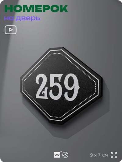Номерок на дверь квартиры 259, для кабинета, офиса, шильдик 9 х 7 см, черный, Айдентика Технолоджи
