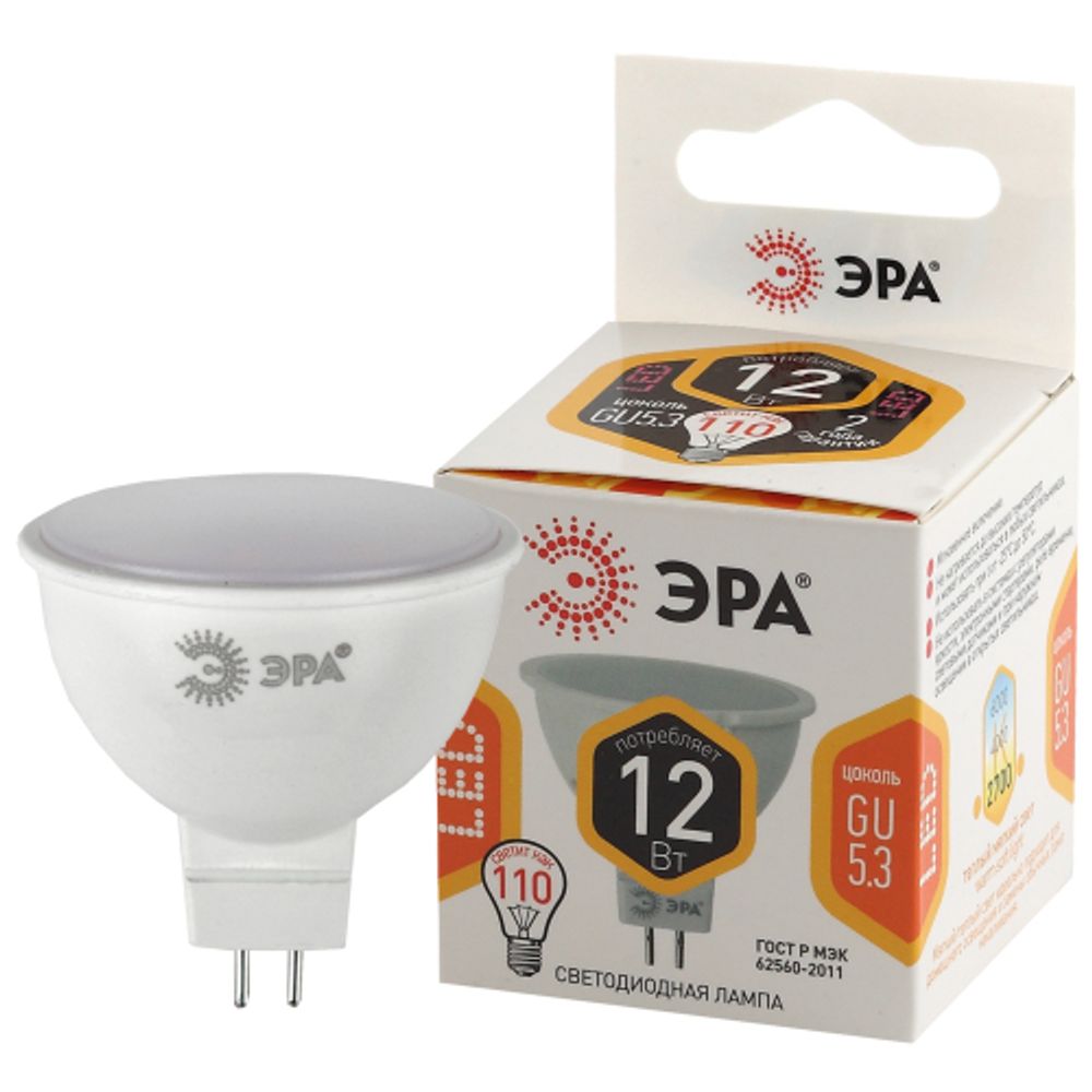 Лампа светодиодная ЭРА STD LED MR16-12W-827-GU5.3 12Вт софит теплый белый свет GU5.3 | Лампы cветодиодные Точечные (Софиты) (MR, PAR)
