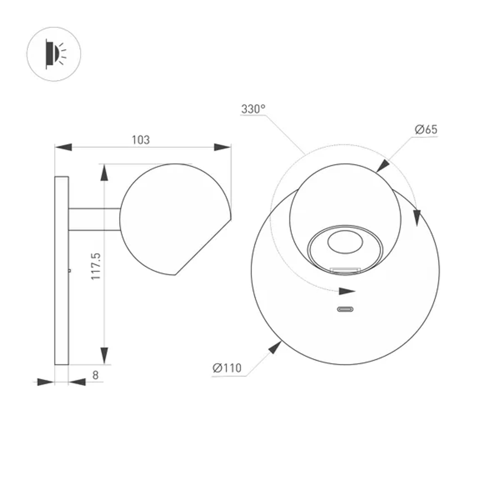 Светильник SP-OTTORI-WALL-CHARGE-6W Warm3000 (BK, 30 deg, 230V, USB-C) (Arlight, IP20 Металл, 3 года) 058480