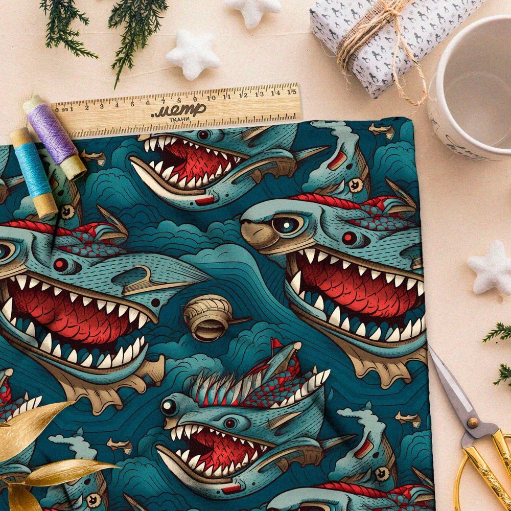 Ткань премиум бифлекс фантазийные океанские монстры