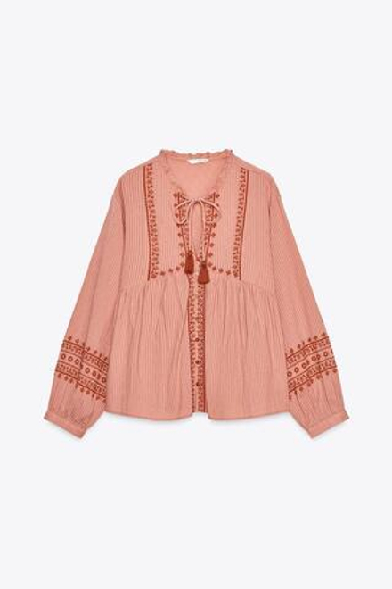ZARA БЛУЗА С КОНТРАСТНОЙ ВЫШИВКОЙ, МАРСАЛА