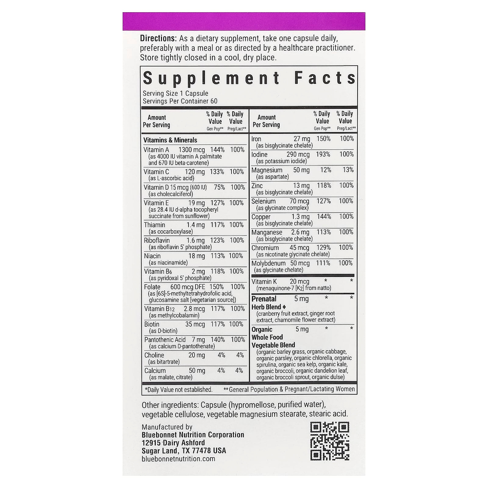 Bluebonnet Nutrition, Ladies' One®, пренатальный комплекс, 60 растительных капсул