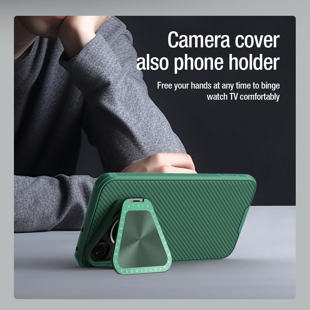 Чехол зеленого цвета (Deep Green) от Nillkin с металлической откидной крышкой для камеры на Huawei Pura 70 Pro и Pura 70 Pro+, серия CamShield Prop Case