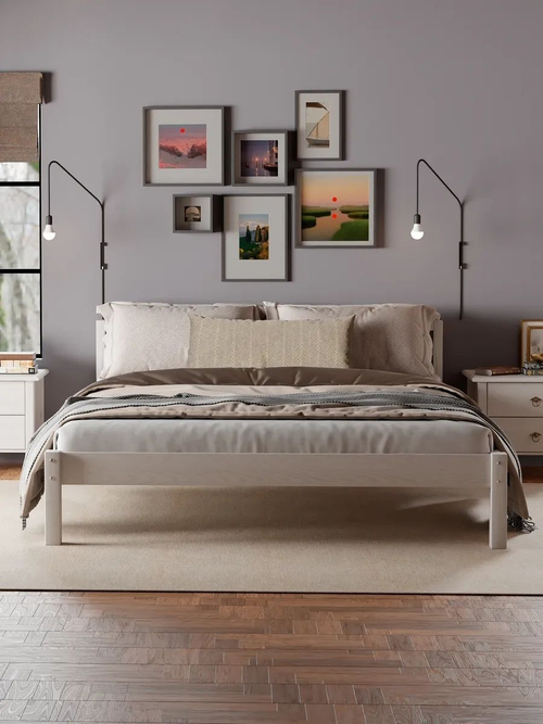 Кровать двуспальная 180х200 Тарва из массива сосны с основанием, белая с текстурой древесины