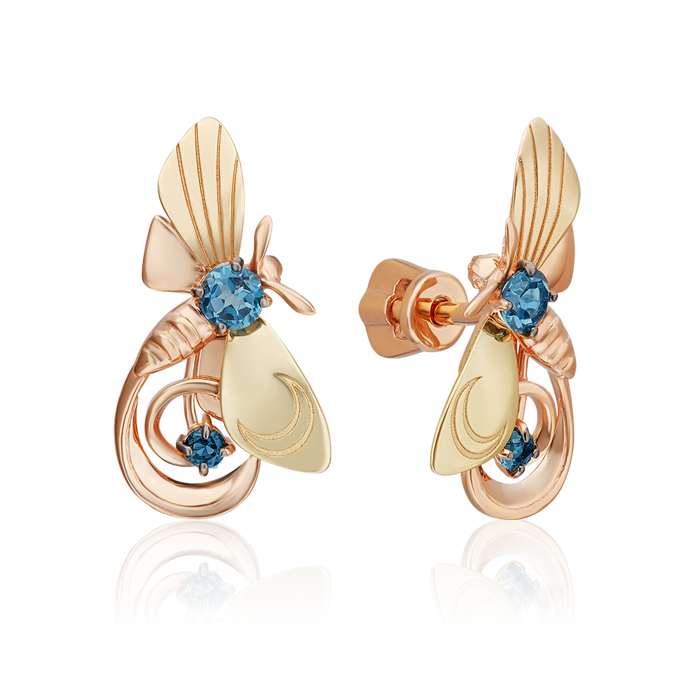 Серьги-пусеты «Мелодия ночи» из комбинированного золота с топазами