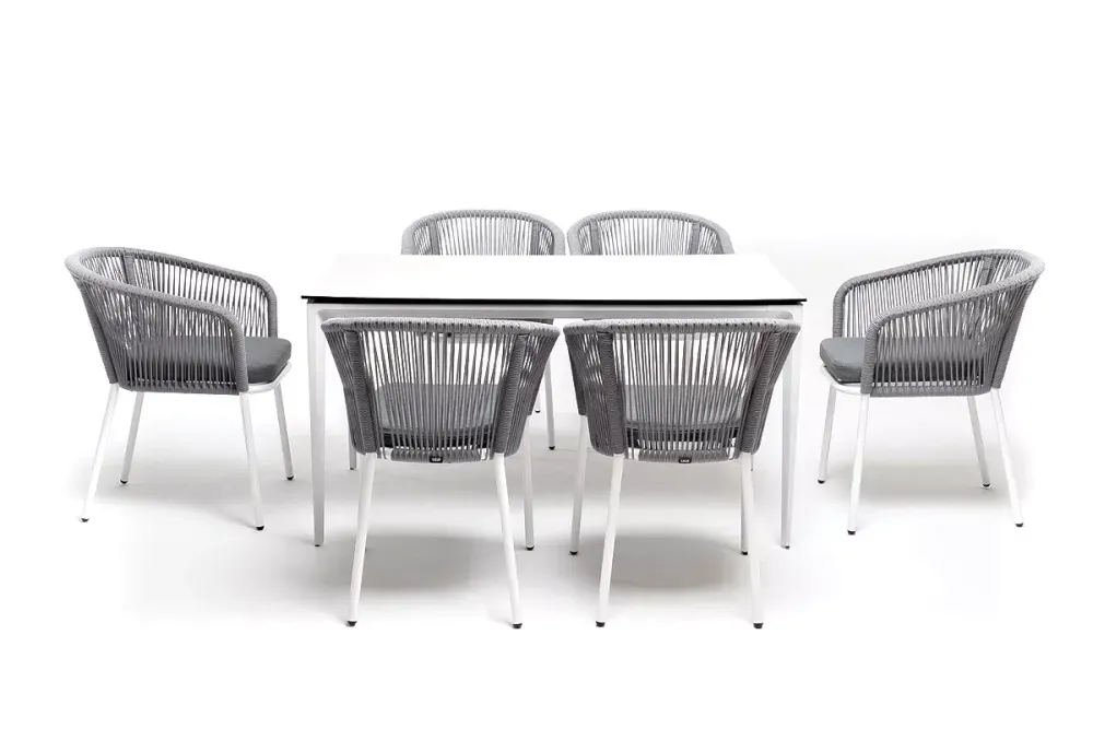 "Малага" обеденная группа на 6 персон со стульями "Марсель", каркас белый, роуп светло-серый